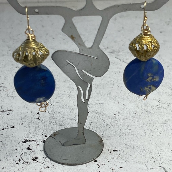 Artisan Blue and Gold Lapis Lazuli Dangle Earrings. - Picture 6 of 6